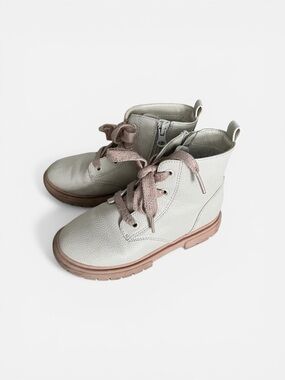Cat & Jack Cream Leather Ankle Boots with Pink Laces